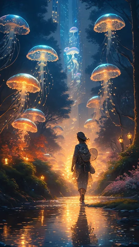 (Masterpiece: 1.2), (Best Quality), (Ultra Detailed), (8k, 4k, Complex), (Highly Detailed: 1.2), (Detailed Background), Detailed Landscape, A Girl, Walking on Water, Back View, ((neostyle)), outdoor, artist name, trees, night, watermark, architecture, land...