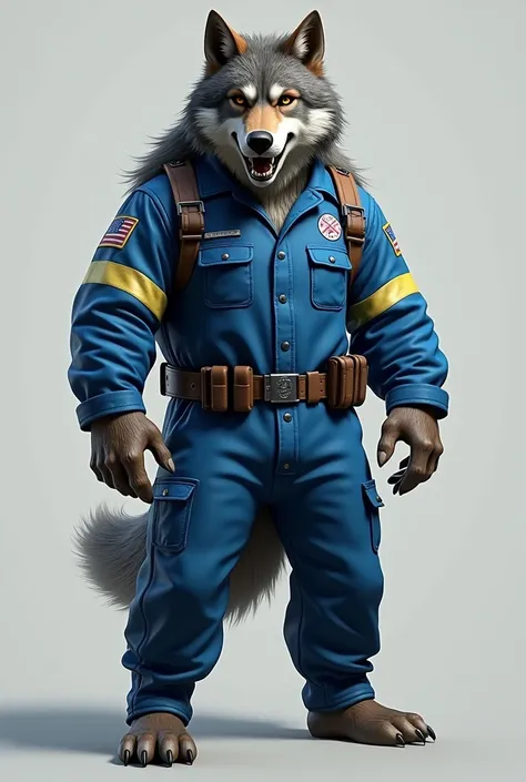 Realistic men Wolf  humanoid Overalls blue paramedic 