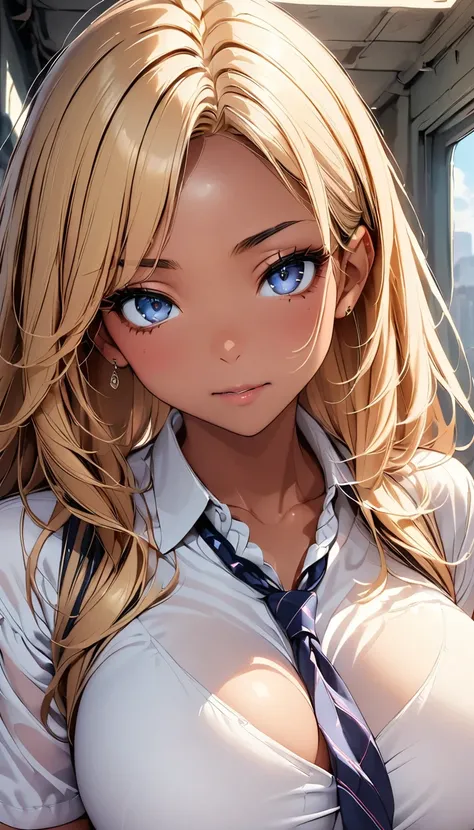 (best quality), (very aesthetic), (ultra-detailed), (best illustration), 1 Girl, Solo, fine texture,(tan skin1.5), (large breasts1.5), dark blonde hair, very long hair, silver eyes, eye makeup, collared shirt, black pleated skirt, school uniform, blue tie