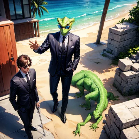 A humanoid lizzard in a suit and sunglasses