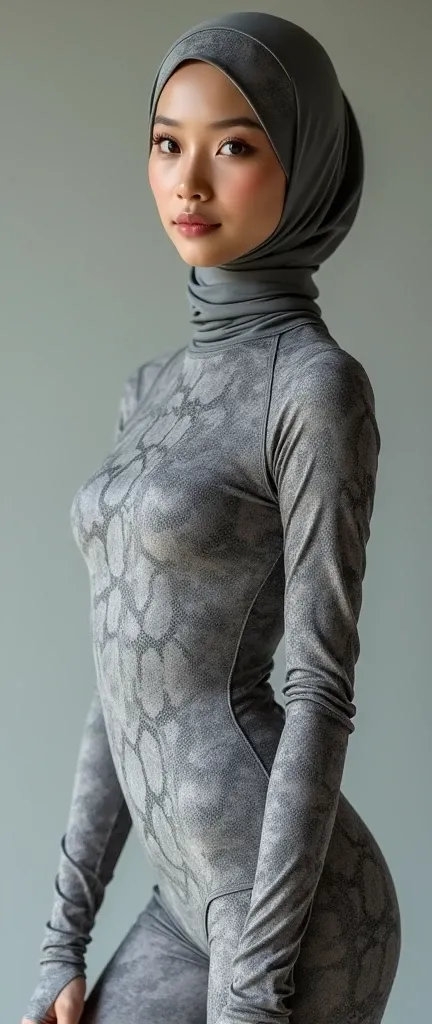 The beautiful,thin and prettiest asian muslimah adult girl with beautiful cheeks wears grey pythonprint lycra footed turtleneck unitard catsuit covered with patterns and python print lycra elastane stretchy dancewear hijab covered with patterns.