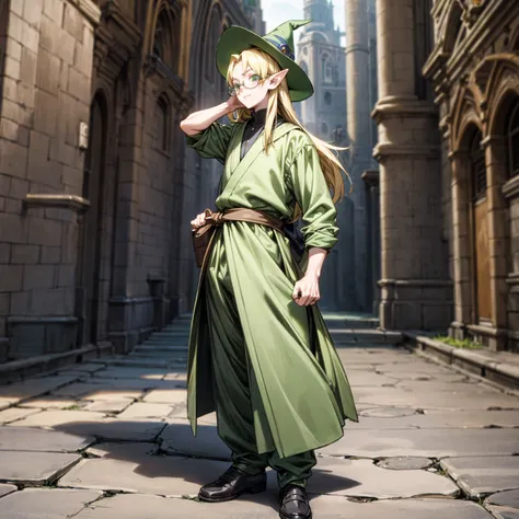 Solo character, full body version, young man, (elf), green eyes, blonde color hair, long hair, formal clothing, long pants, shoes, outdoor, town, medieval, standing gesture, detailed background, detailed clothing, detailed hair, (Hunter x Hunter style art,...