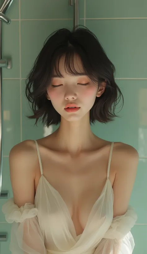 (masterpiece, 1girl, Japanese, 4, short black hair, (relaxed expression), in luxury hotel room shower, elegant lighting)
