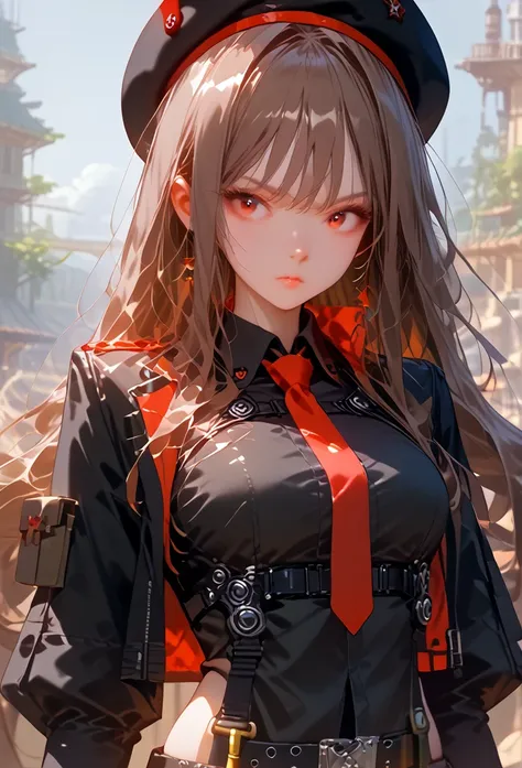 rapidef, red eyes, brown hair, long hair, bangs, beret, black jacket, cropped jacket, red necktie, gloves, black shirt, belt, th...