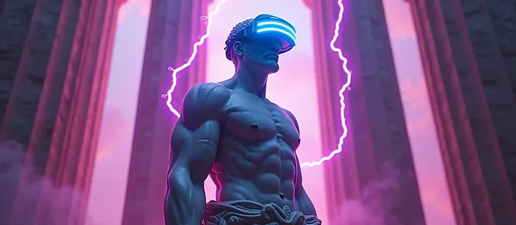 A hyper-realistic digital art of a Greek god-like figure wearing a virtual reality headset, standing in an ancient temple, surrounded by pillars, purple and pink lightning bolts crackling around, dramatic backlighting creating a neon halo effect, intricate...