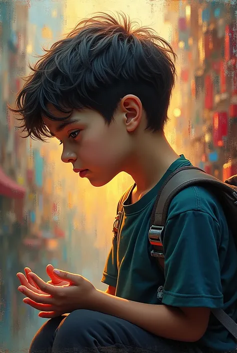 Create a figurative image of a painting of a quiet boy born in a noisy world, who doesnt speak but when he does, it is a wow. A contemplative scene where the boys silence contrasts with the loudness around him. The background is intense, but the boy remain...