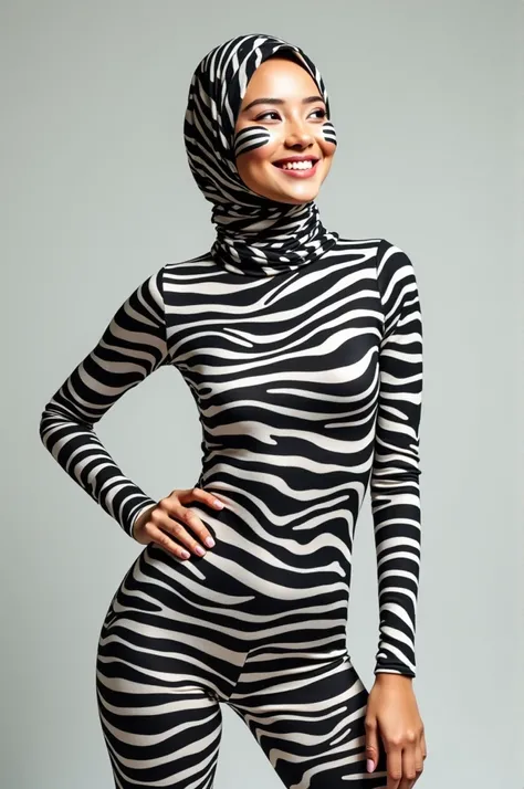 The beautiful,slender thin and clever asian muslimah adult girl with beautiful and shiny cheeks wears plains zebra print lycra turtleneck unitard catsuit covered with stripes and plains zebra print lycra elastane stretchy dancewear woven hijab covered with...