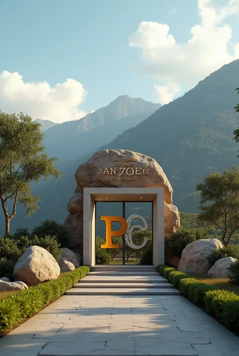 PRODUccIONES cAMAJA EN LETRAS cROMADAS, with a picture of mountains, a square, and an entrance and a rock that says Welcome to San Jose El Rodeo, background, with the initials P,c