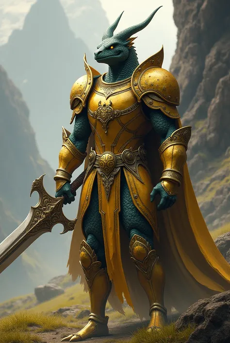 A hybrid of draconic and human with only more human parts,who is a paladin,with gold armor of crapicornoo,com a escalubur,with the hope of atanas