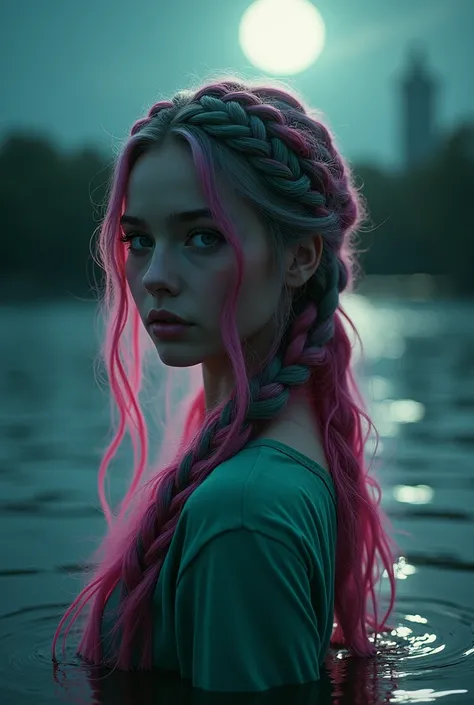 pink and green hair braids, moonlight, lake night 
