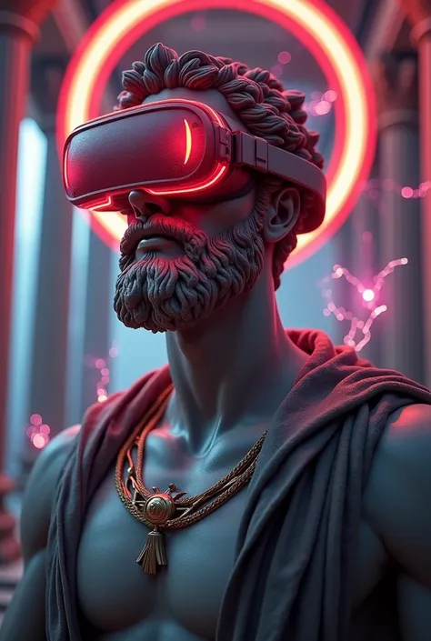 A hyper-realistic digital art of a Greek god-like figure wearing a virtual reality headset, standing in an ancient temple, surrounded by pillars, purple and pink lightning bolts crackling around, dramatic backlighting creating a neon halo effect, intricate...