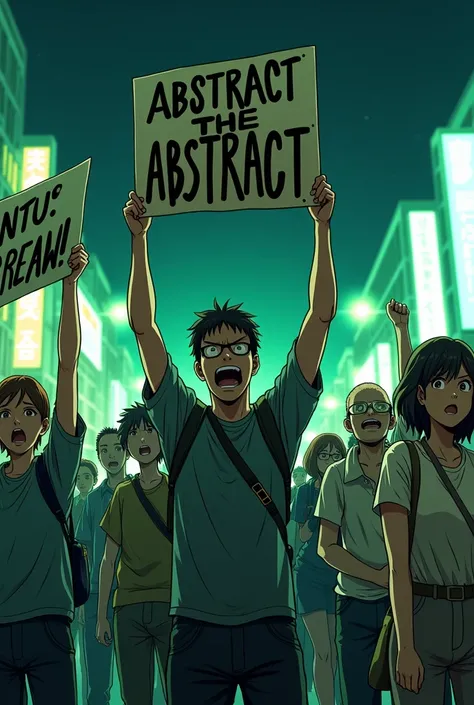 Anime people holding protesting the word ABSTRACT 
all in green at night 