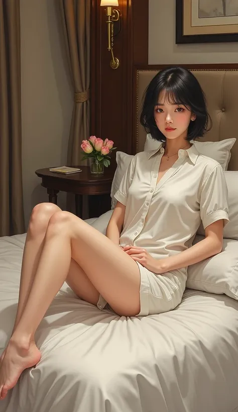 (masterpiece, 1girl, Japanese, 4, short black hair, (sitting pose), on bed, luxury hotel room, (relaxed expression))
