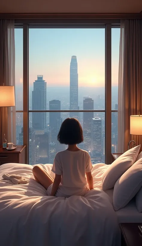 (1girl, Japanese, 4, short black hair, (casual wear), sitting on bed, luxury city hotel room, (cozy lighting:1.3))
