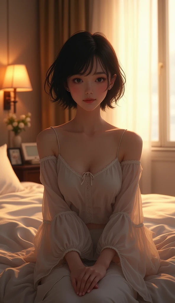 (Best quality, Japanese woman, 4, short black hair, (sitting on bed), luxury hotel room, (evening light:1.2), elegant atmosphere)
