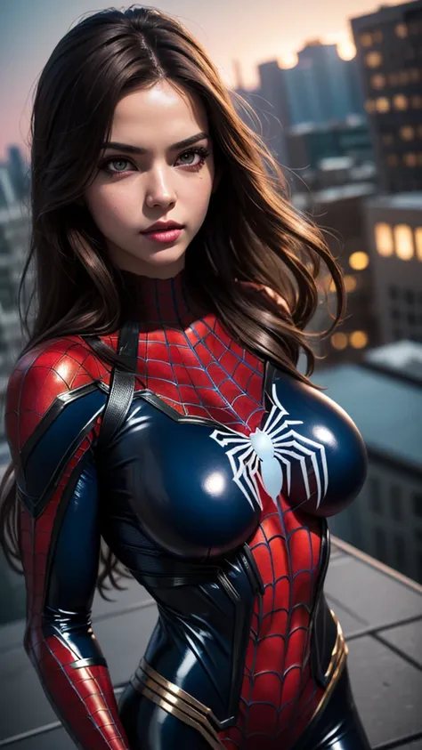  girl cosplay spider-man, posing in full height , big breast , voluminous breast, Divine face, Beauty faces, high detail, Lip beauty, Photorealistic, Ultra realistic,  on the roof Background, rtx on, color correction, perspective, depth of field, line of s...