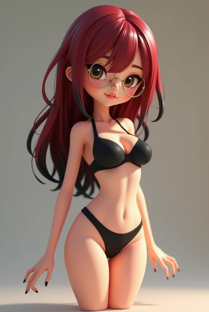 Slender animated doll with big breasts, short bangs and long deep cherry red hair with black hair tips and black underwear and gold colored glasses. 