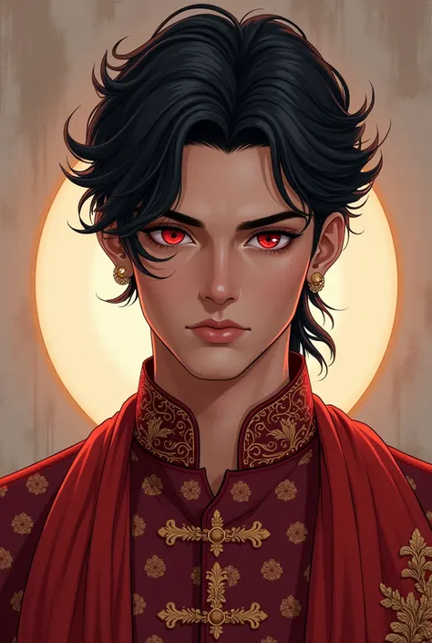 Beautiful men in Indian traditional drass black hair and red eye anime style only one person skin color white