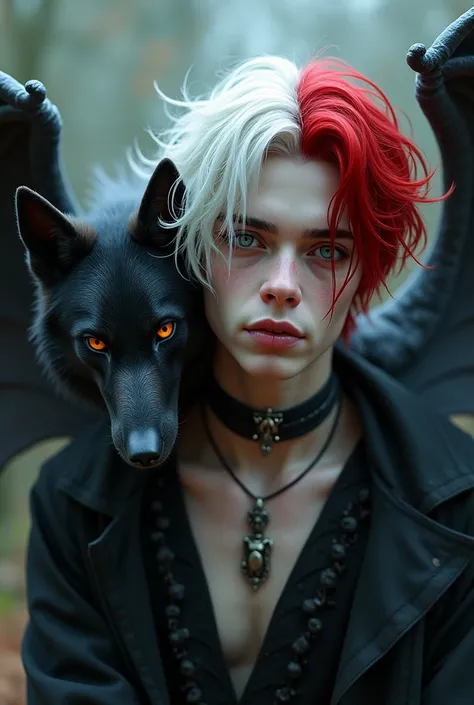 A boy who looks like someone in his 20s, her hair is white and red and her skin is white and pale, each of your eyes has a different color from the other, he is sad and melancholic because he is not reciprocated by the man he loves, he looks like a gothic,...