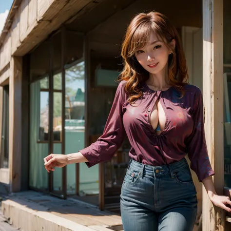 (best quality,4k,8k,highres,masterpiece:1.2),ultra-detailed, 3 Japanese woman, gyaru, five foot five inches tall, ginger colored hair, mole by her left eye, blue button up blouse, maroon jeans, large swollen breasts, wide hips, dancing around mid-western s...