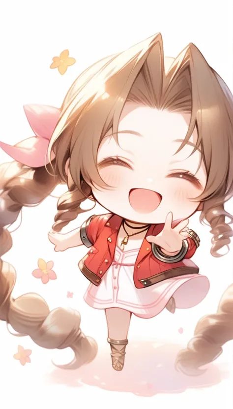 Highest quality,Artistic,solo,One Woman, Aerith Gainsborough,Fantasy,Simple Background, Chibi Character,happiness/joy, 