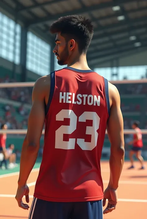 Back photo with vollyball court indoor A boy with vollyball jersey number 23 name helston 
20 years old,"so little beard"," 40 kg "slim  Indian boy" realistic photo "photo removed from behind" beautiful mens jersey
