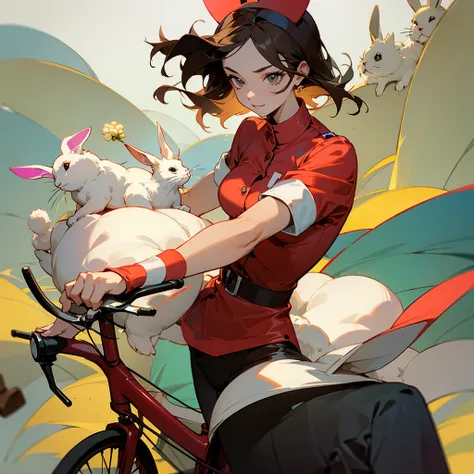 Dark-haired nurse riding a bicycle、There are rabbits and peanuts.