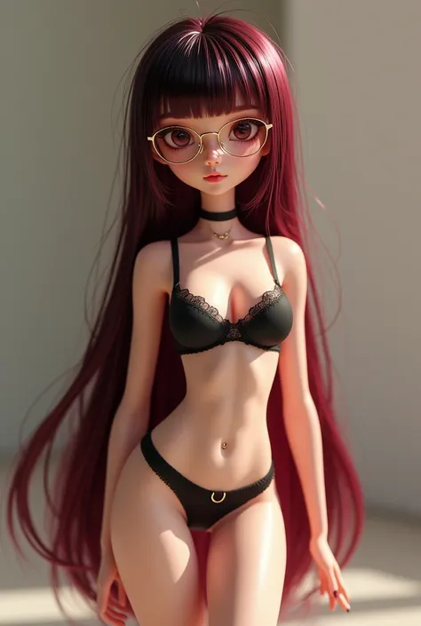 Slender animated doll with big breasts, short bangs and long deep cherry red hair with black hair tips and black underwear and gold colored glasses and with a piercing in the navel 