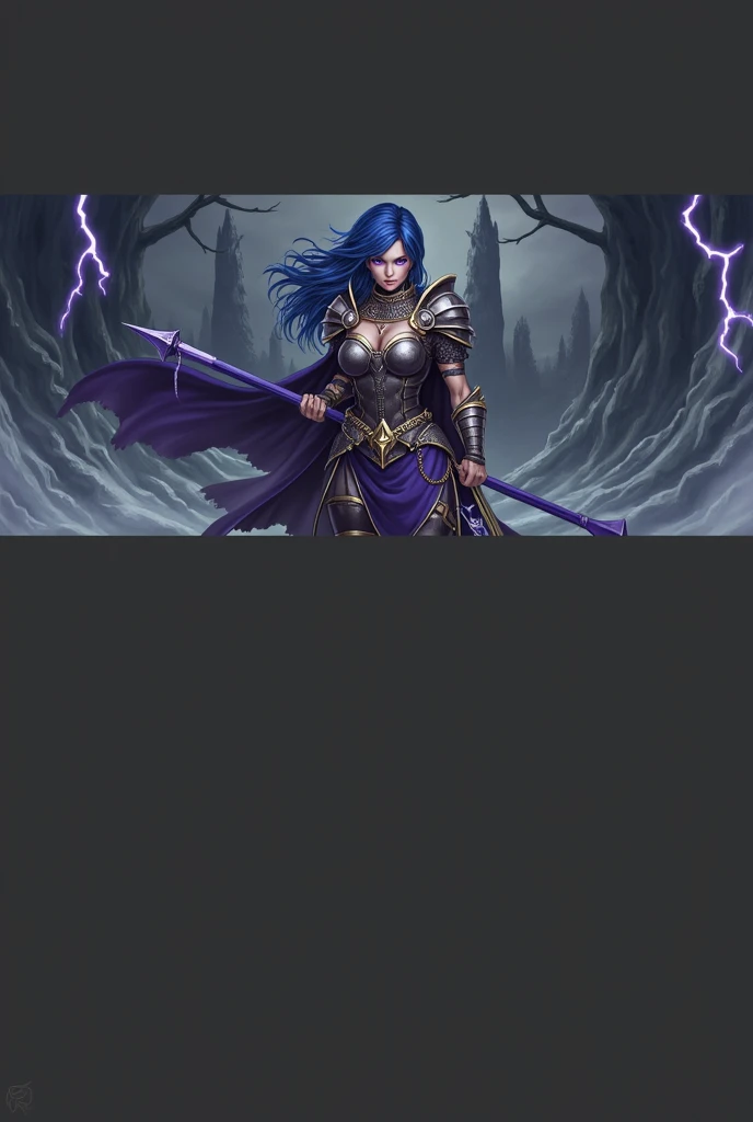 woman warrior, blue hair with iridescent highlights, purple eyes, Scars on the hands, black steel realistic chest plate, purple skirt, chainmail pants, shoulder pads, bandages on the wrists, blue poleax, black steel boots with gold plating, trees made of i...