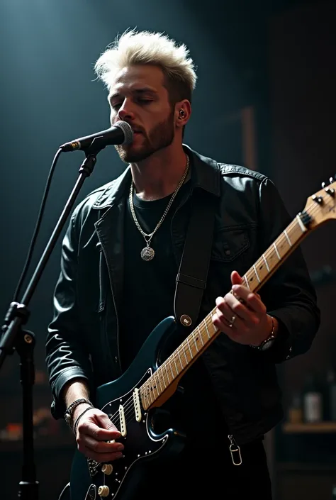 A rapper ,good looking,white
, rockstar,rock music,guitar electric in his room ,dark background ,on mic,mic on hand,mic with stand on hand
