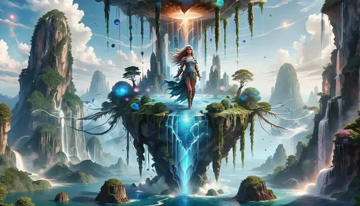 (masterpiece, best_quality, ultra-detailed, immaculate:1.3), epic, illustration, magical floating islands with giant goddess wat...