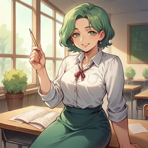 orphanage teacher, tied green hair, green eyes, small breasts, young adult woman, mature looking, gentle smile, teacher clothes, surrounded by kids