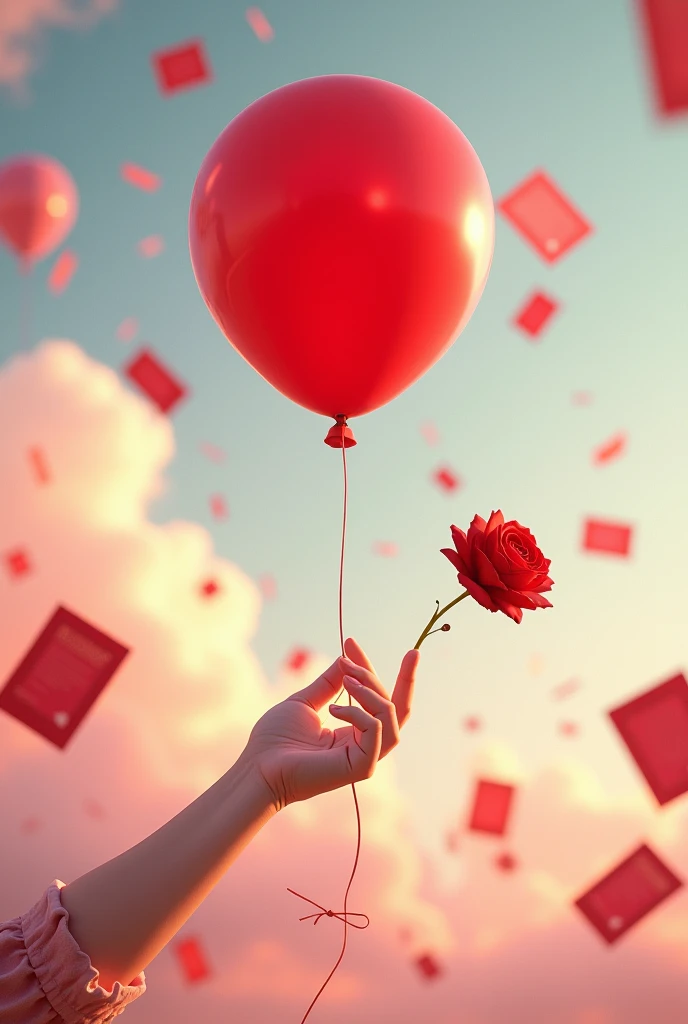  2 red certificates, 1 red gold rose, Draw a girl&#39;s hand holding a red helium balloon. 