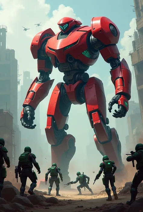  green and blue faction members battling giant Red bionic robot 