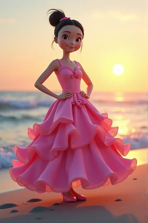 Japanese people nobita wearing a pink barbie dress on the beach at dusk