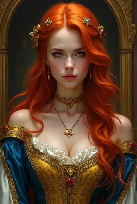 red haired woman wearing medieval gold and blue 