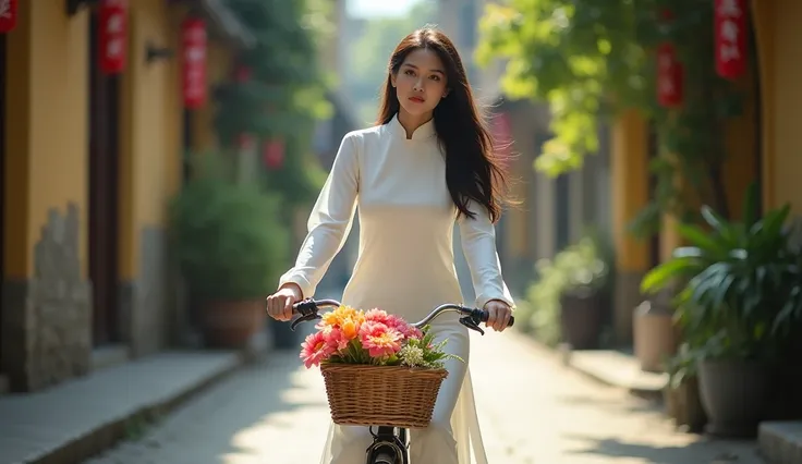 Make a photo of a Vietnamese female model wearing a white Ao Dai. Riding a bike on an old street. 50mm lens. bright. realistic. Focus your eyes well. Make a basket and a bouquet of flowers in front of the bike. Wide angle.