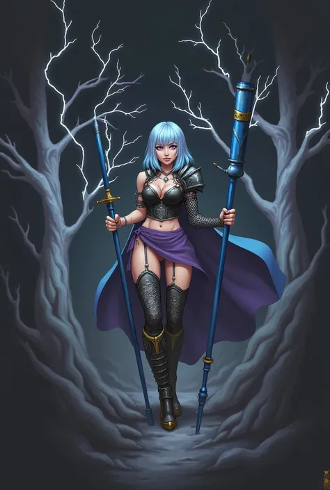 woman warrior, medium hair blue with iridescent highlights, purple eyes, Scars on the hands, black steel realistic chest plate, purple skirt, chainmail pants, shoulder pads, bandages on the wrists, blue poleax, black steel boots with gold plating, trees ma...