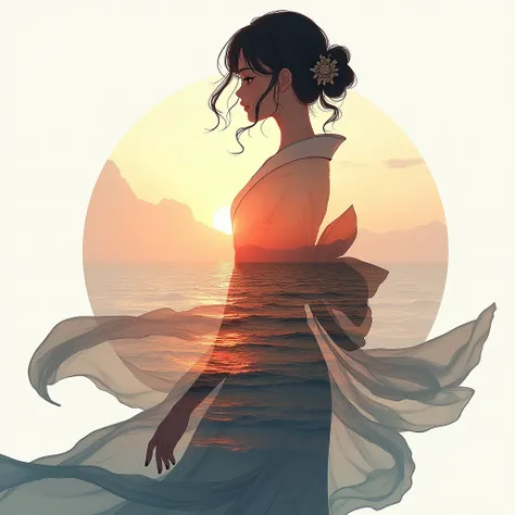  High quality anime girl goddess, 8k ultra-HD, A beautiful Double exposure that combines an goddess silhouette with sunset coast, the sunset coast should serve as the underlying backdrop, with its details incorporated into the goddess , Sharp lines, The ba...