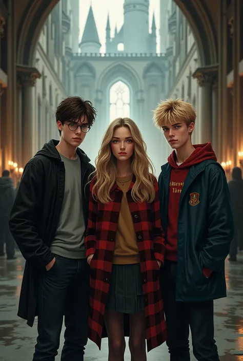 I would like a cover for my fan fiction featuring a young female character with the last name Levski. She is a Gryffindor student and the best friend of Harry Potter, Ron Weasley, and Hermione Granger. Please place these four characters in the foreground, ...