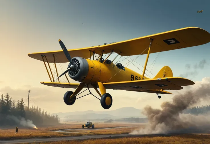 conceptual artwork for the chase of "armageddon" depicting armageddon "chasing" a "yellow biplane". the scene should unfold with...