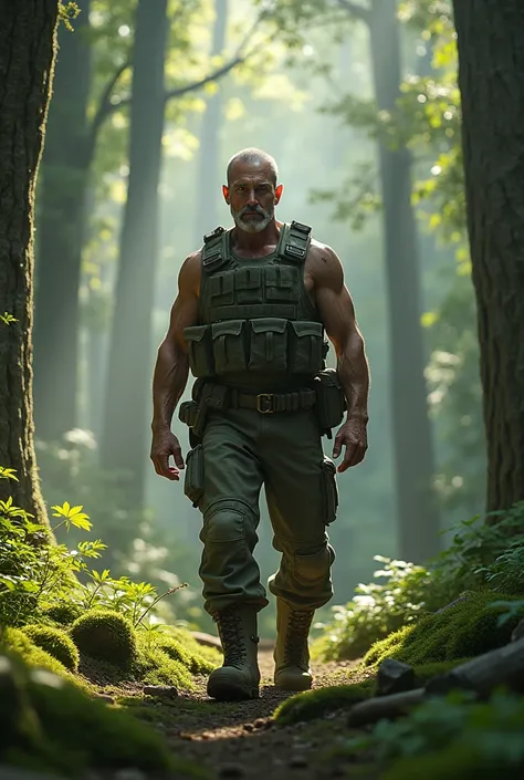 Image of a 40 year old strong former soldier in a forest