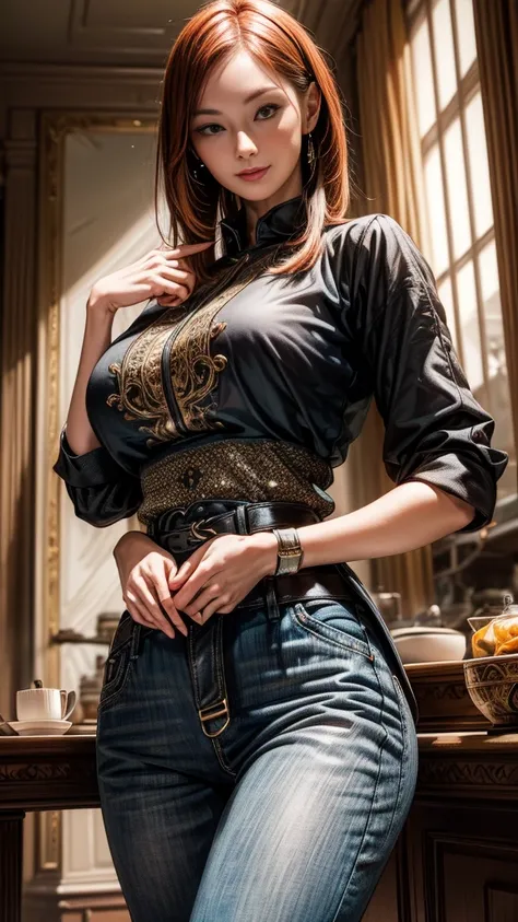 (best quality,4k,8k,highres,masterpiece:1.2),ultra-detailed, 3 Japanese woman, gyaru, five foot five inches tall, ginger colored hair, mole by her left eye, blue button up blouse, maroon jeans, large swollen breasts, wide hips, dancing around mid-western s...