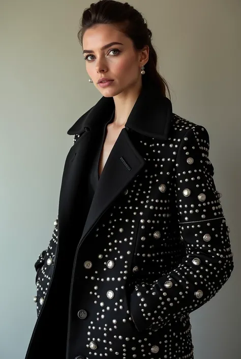 European woman model wearing studded coat 