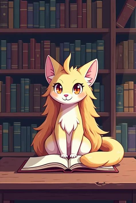 a cartoon of a cat sitting on a table with a bookcase in the background, pixel art by Pamphilus, tumblr, furry art, as a d & d monster, from cryptid academia, this is a monster, d & d monster, d&d monster, monstergirl, monsters, monster, anime monster girl...