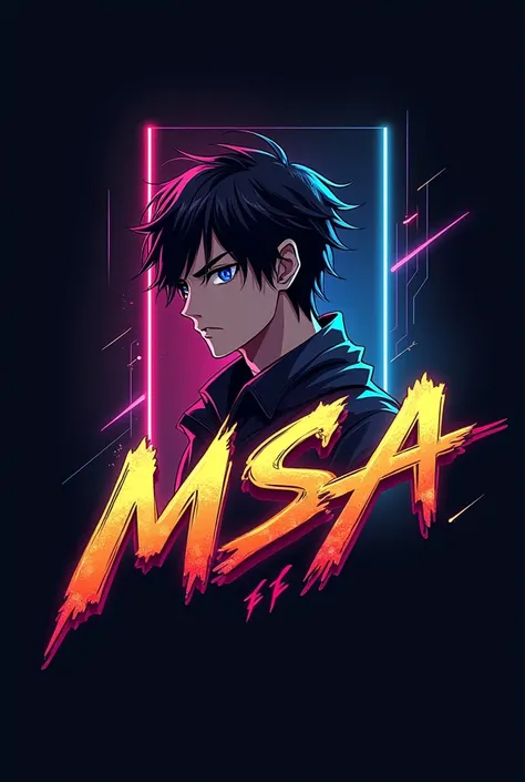 This is a gaming logo that features the name "MSA FF" in a futuristic font and a neon Golden color. and Boy Anime avtar,  The logo is designed to be attractive and eye-catching, and to appeal to gaming enthusiasts and best