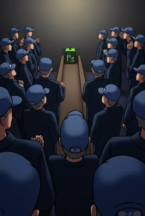 Create an image of some people at a wake wearing dark blue sweatshirts and a blue cap with the initials PS on the cap and a green flag with the initials R on the coffin.I.P XBOX.