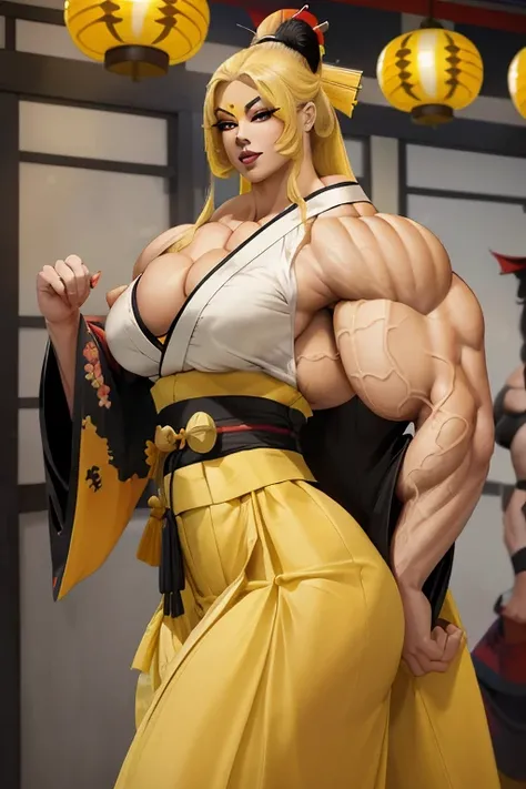 ((Close-up)), tall, (yellow hair), beautiful muscular Latino geisha, long flowing hair, brown skinned, closed smile, (black lipstick), ((massive muscles)), (hyper muscle), ((ginormous bulky muscles)), gray eyes, ((((beautiful long yellow geisha kimono, lon...