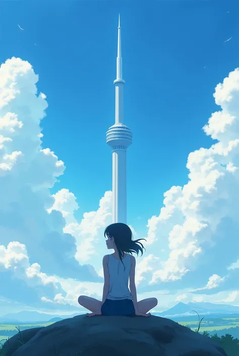 Anime girl sitting on a rock and looking at the sky,In the distance there is a tower reaching up into the sky, Shinkai Makoto cyril rolando, Anime Art Wallpaper 4K, Anime Art Wallpaper 4K, Cyril Rolando and Goro Fujita, anime art wallpaper 8 k, 4k anime wa...