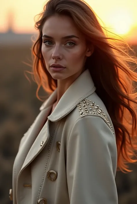 European woman model wearing light studded coat 